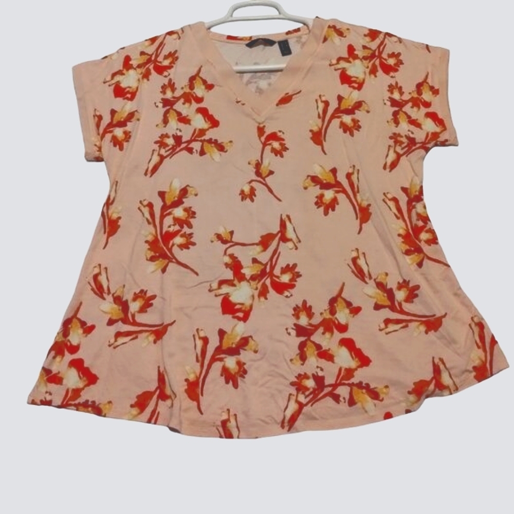 H by Halston Women's Floral V-Neck Knit Blouse Top Size M Pink Short Sleeve